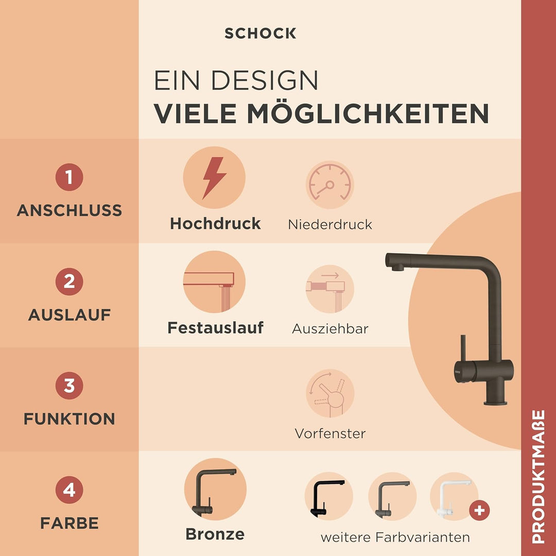 SCHOCK Küchenarmatur Epos Bronze – braune hochdruck Armatur mit Festauslauf und Standard Norm-Anschl