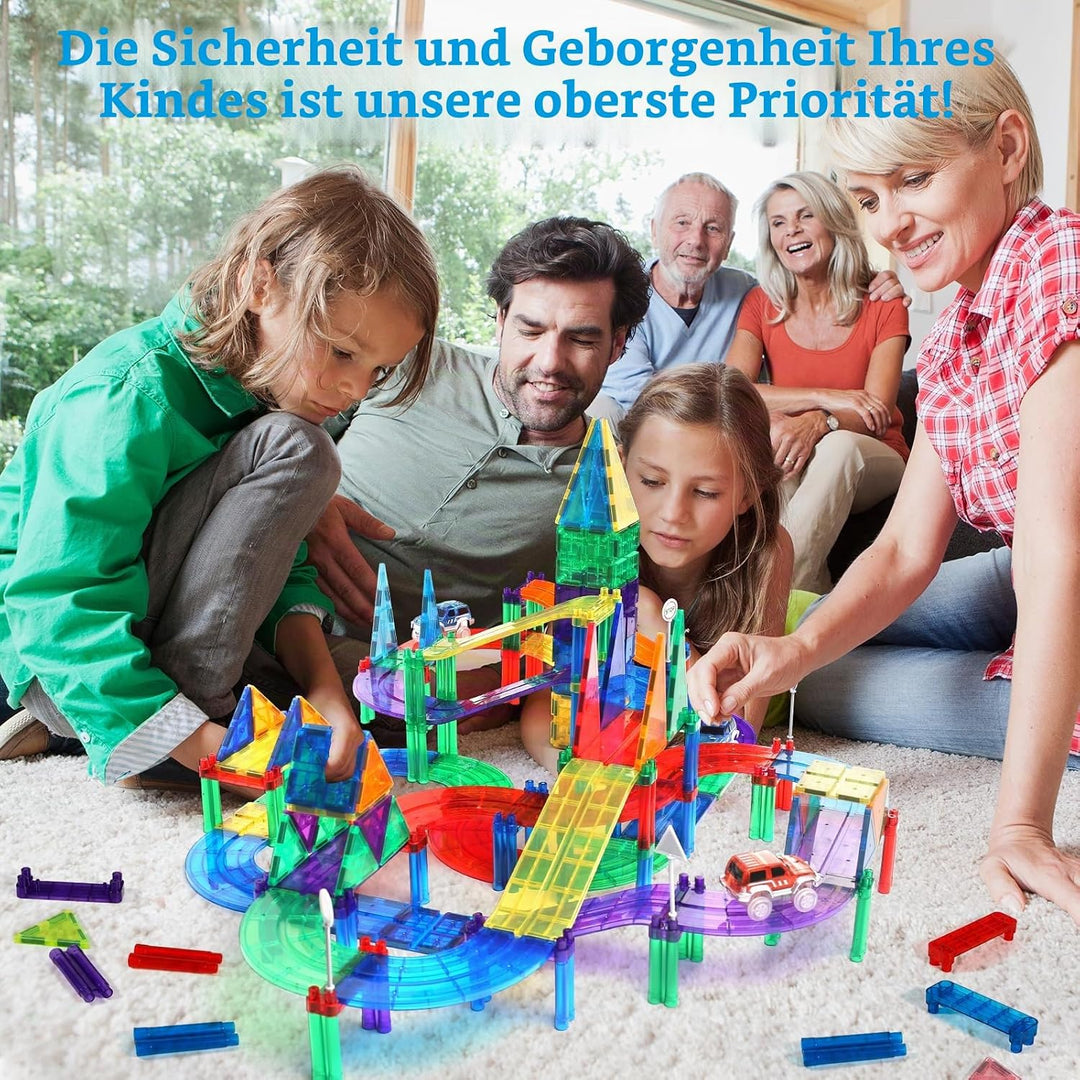 63Pcs Magnetisches Baustein Spielzeug für Bahnrennen, Magnetisches Bauspielzeug mit LED Rennwagen, M