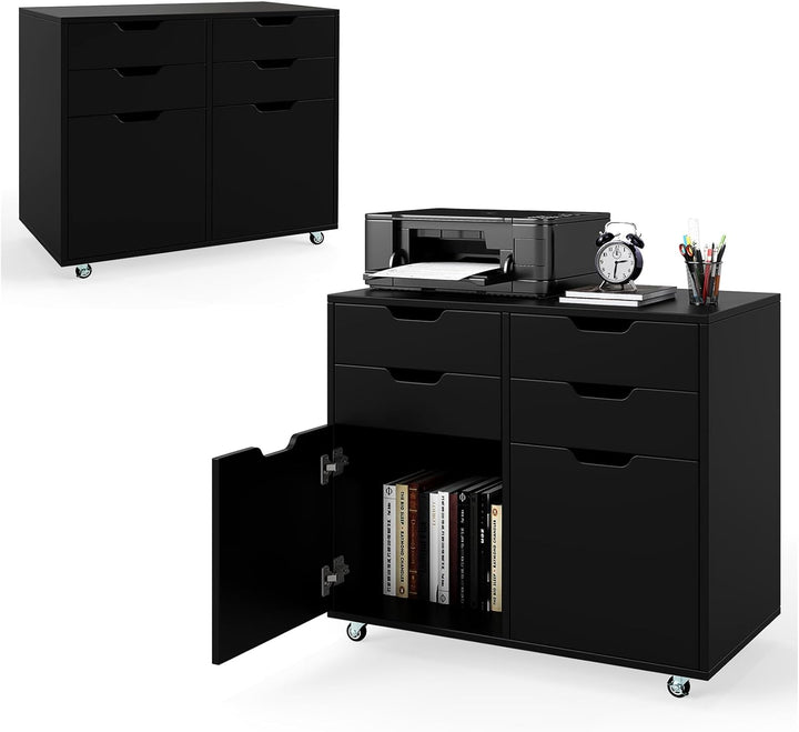 KOMFOTTEU Aktenschrank mit 5 Rollen, Rollcontainer mit 4 Schubladen & 2 Schränken mit Türen, Bürocon