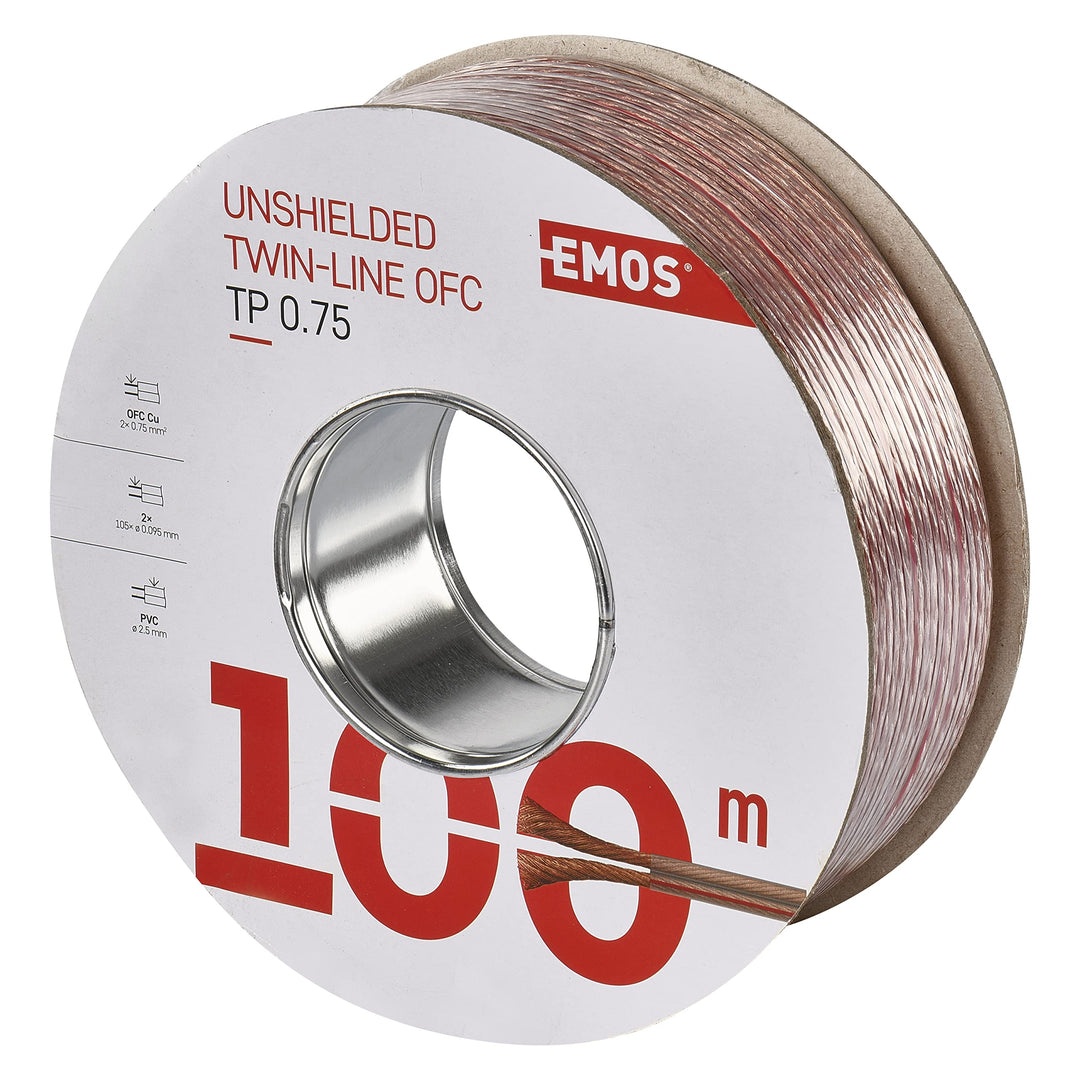 EMOS Lautsprecherkabel OFC 2 x 0,75 mm2, 100 Meter HiFi Audio Boxenkabel aus reinem Kupfer für Lauts