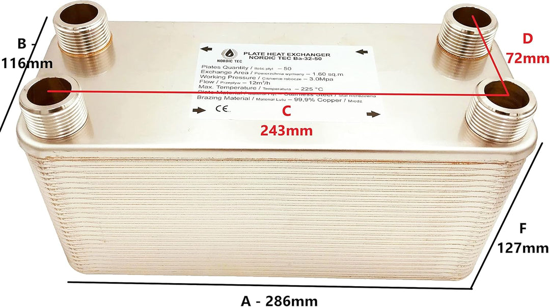 Edelstahl Plattenwärmetauscher Wärmetauscher Nordic Tec Ba-32-50 50 Platten 285kW 1” mit Wandbefesti