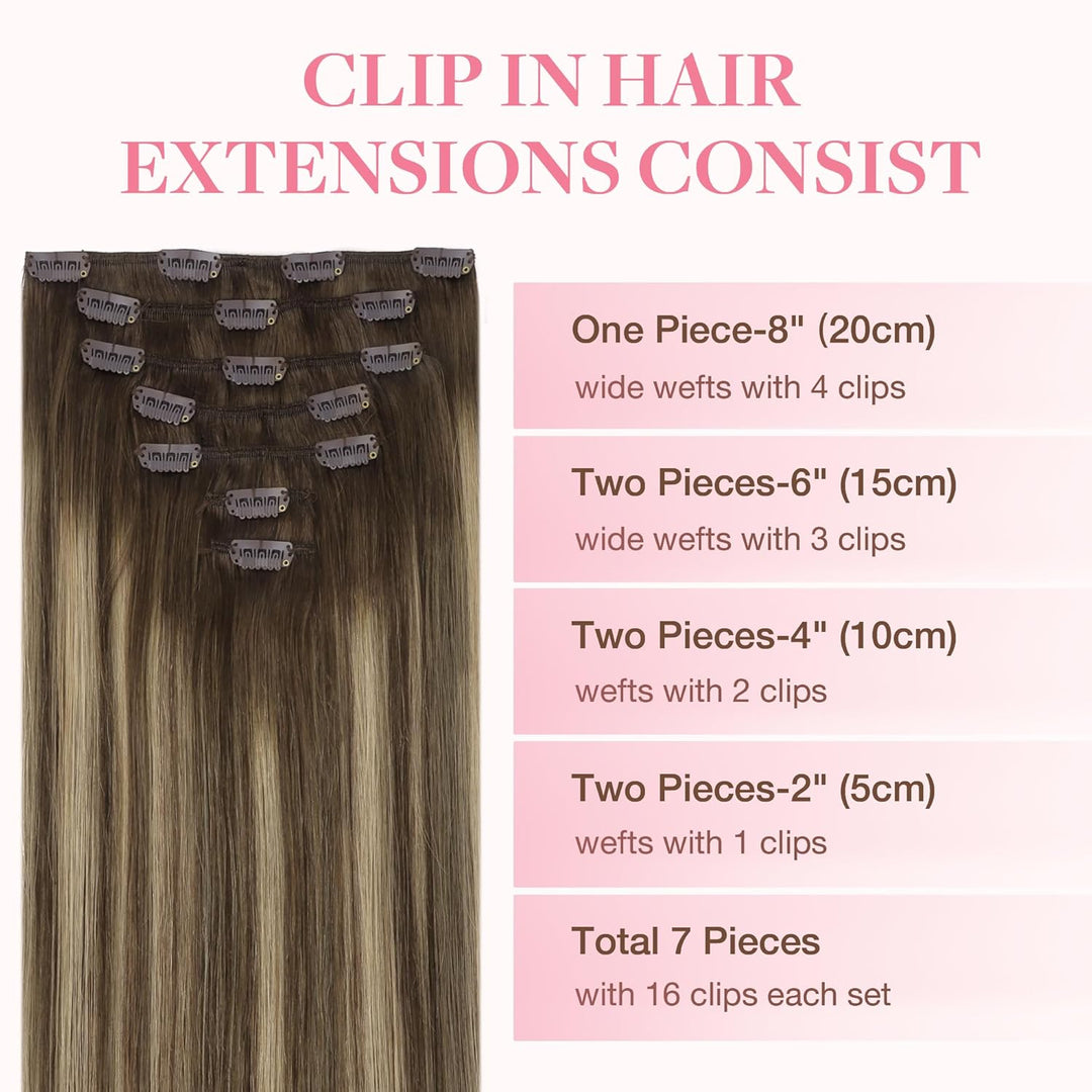 GOO GOO Clip in Extensions Echthaar, Echthaar Extensions Clip, 35cm 120g 7pcs, Extensions Echthaar,