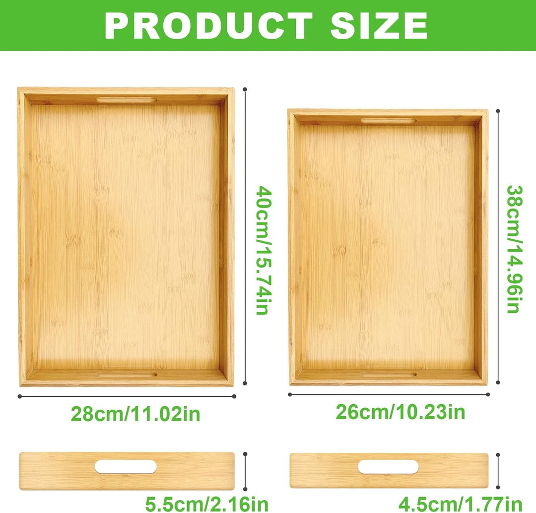 Cinnani 2 Stück Tablett Serviertablett Bambus Holz, Holztablett Rechteckig, Bambus Serviertablett mi