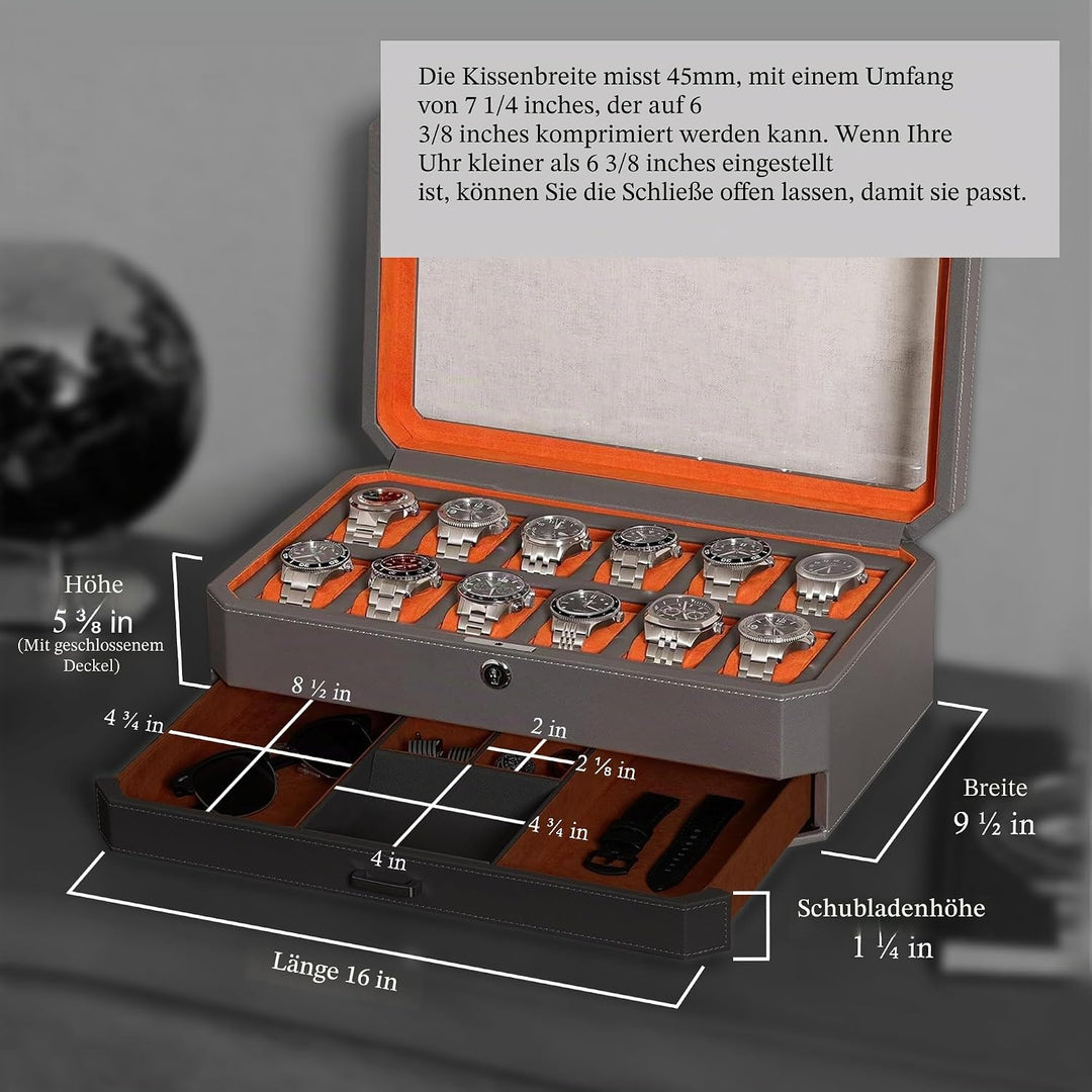 ROTHWELL 12 Slot Leather Watch Box with Valet Drawer - 12 Slot Luxury Watch Case Display Organizer,