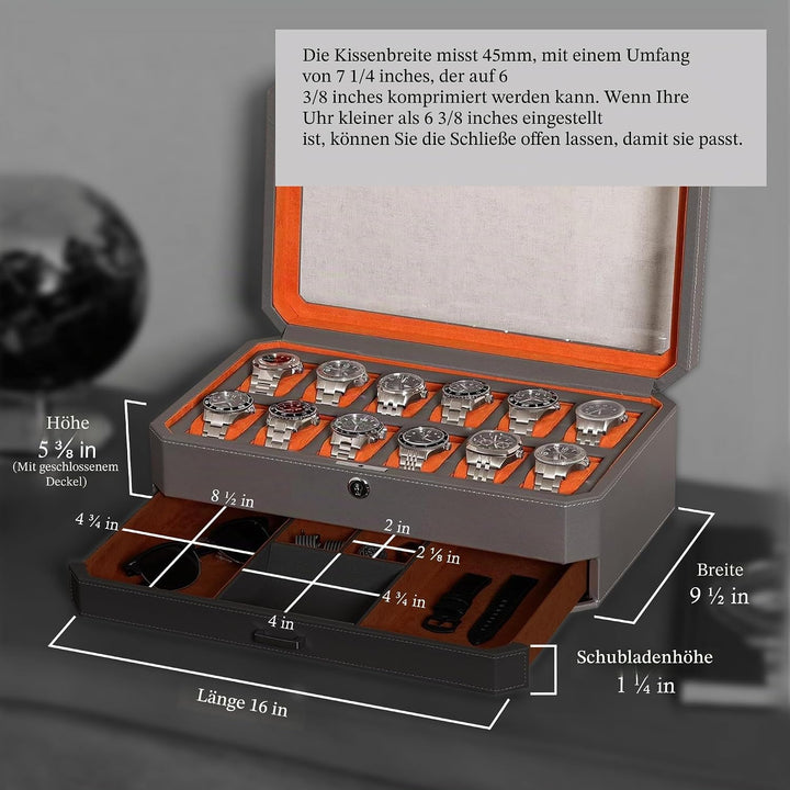 ROTHWELL 12 Slot Leather Watch Box with Valet Drawer - 12 Slot Luxury Watch Case Display Organizer,