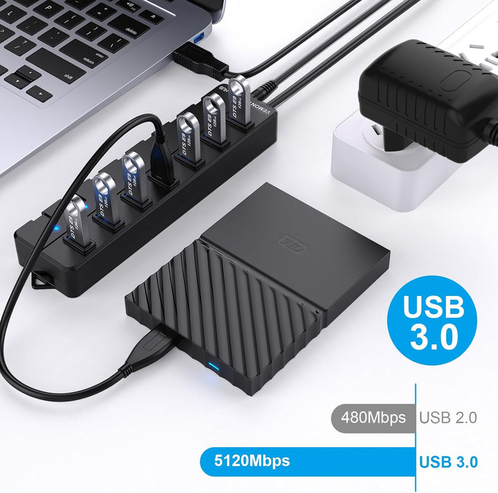 USB 3.0 Hub mit Netzteil,VEMONT 7 Ports USB Hub Aktiv USB Verteiler 5Gbps und Einzelne EIN/Aus-Schal