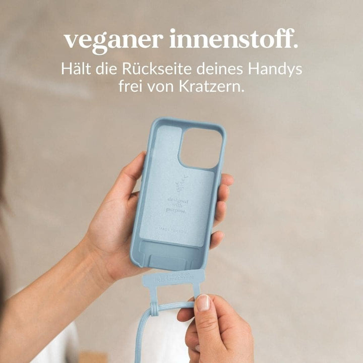 Woodcessories - Nachhaltige Handykette abnehmbar kompatibel mit iPhone 13 Pro Hülle mit Band blau -