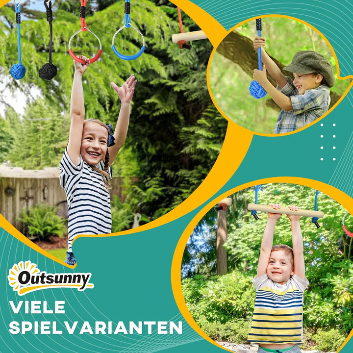Outsunny Ninja Line Kinder 10m Slackline Set mit Hindernissen, Klettergerüst, Turnringe, Baumschutz,