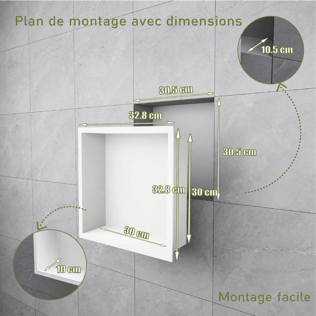 Badezimmer-Wandnischenschrank Weiss 30x30x10 cm, wandmontiertes Waschbecken für Dusche Edelstahl-Auf
