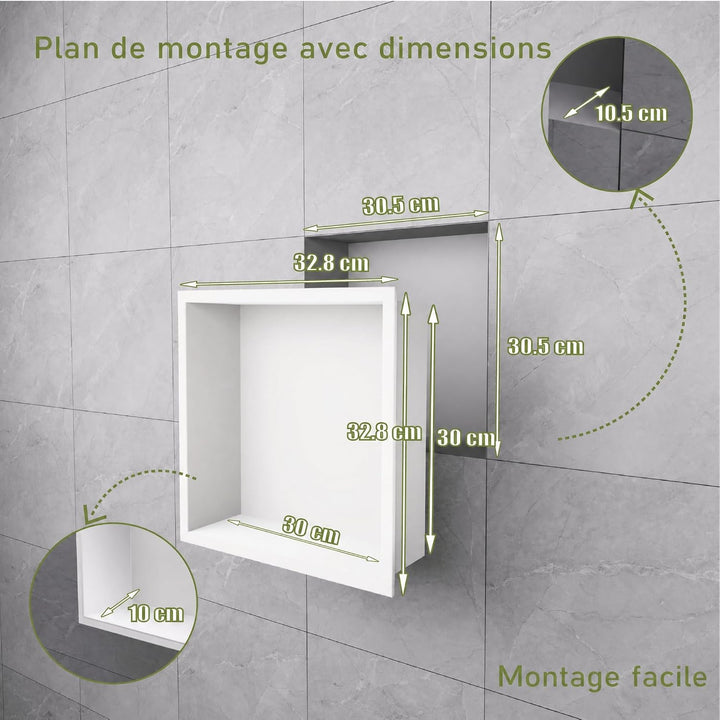 Badezimmer-Wandnischenschrank Weiss 30x30x10 cm, wandmontiertes Waschbecken für Dusche Edelstahl-Auf