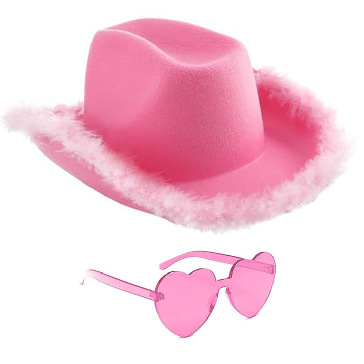 Rosy® Cow Girl Kostüm mit Rosa Hut und Herzförmiger Brille | Western-Stil mit diesem Cowboy Verkleid