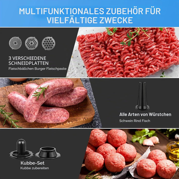 Fleischwolf Elektrisch,2000W Multi Küchenmaschine Wurstmaschine mit 3 Lochscheiben, 4 Kegel-Klingen,