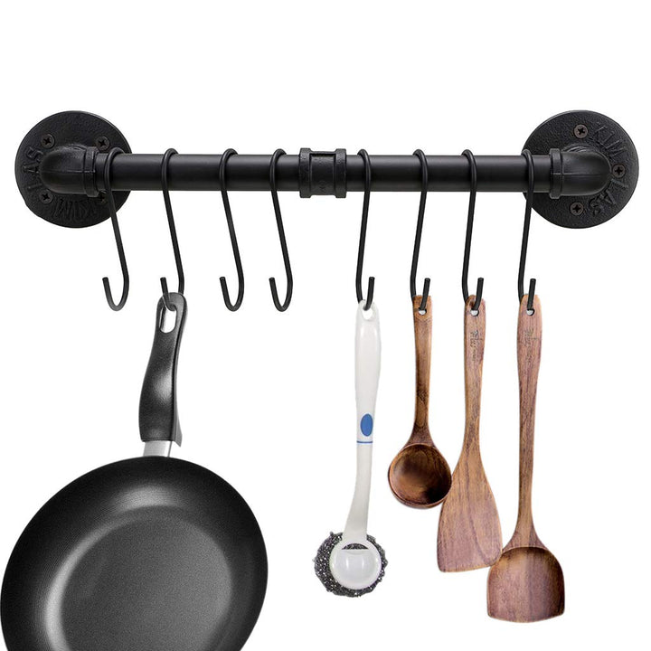 BTSKY 40 cm industrielles Rohrpfannenregal mit 8 Haken – Wandmontage, Küchenutensilien, Kochgeschirr