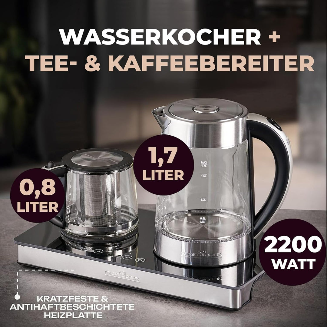 ProfiCook® Tee und Kaffeestation in Einem | 1,7 Liter hitzebeständiger Wasserkocher | Teekanne aus G