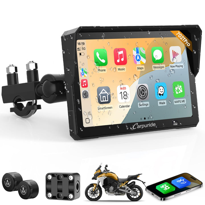 Carpuride W702T Pro Motorrad Carplay Bildschirm mit TPMS System, Kabellos CarPlay & Android Auto, Tr