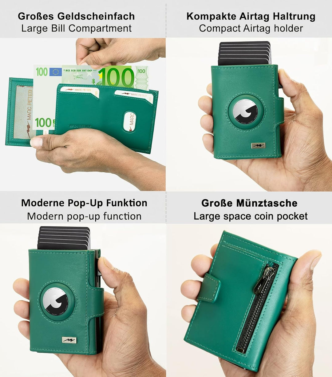 Marc Peter® Chicago Blaugrün Leder Push Air Slim Wallet | Airtag Geldbörse mit Münzfach | kleines Mi