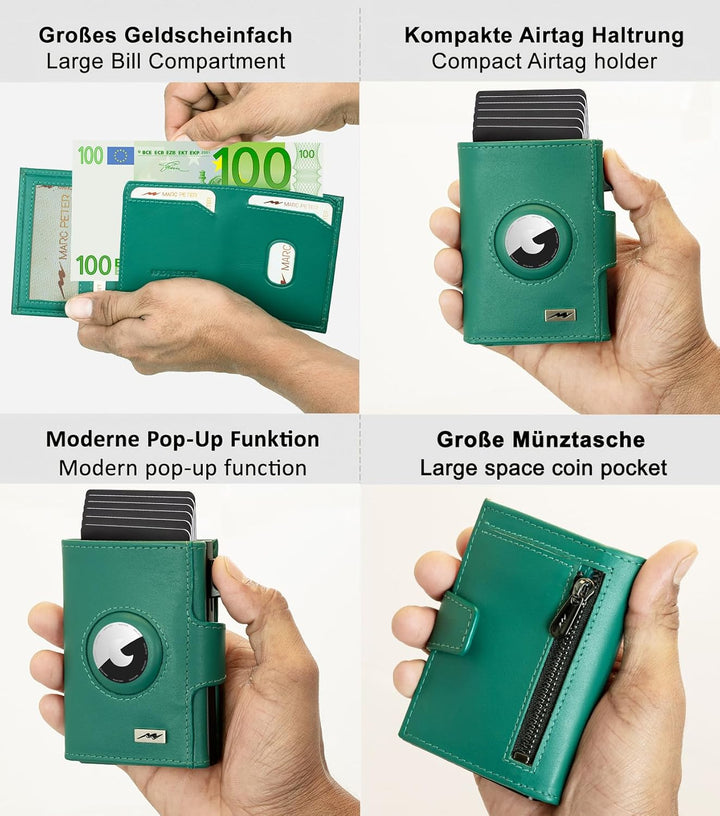 Marc Peter® Chicago Blaugrün Leder Push Air Slim Wallet | Airtag Geldbörse mit Münzfach | kleines Mi