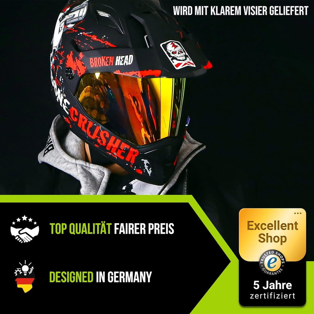 Broken Head Bone Crusher Motocross-Helm Rot mit Visier - Enduro MX Cross-Helm - Motorradhelm mit Son