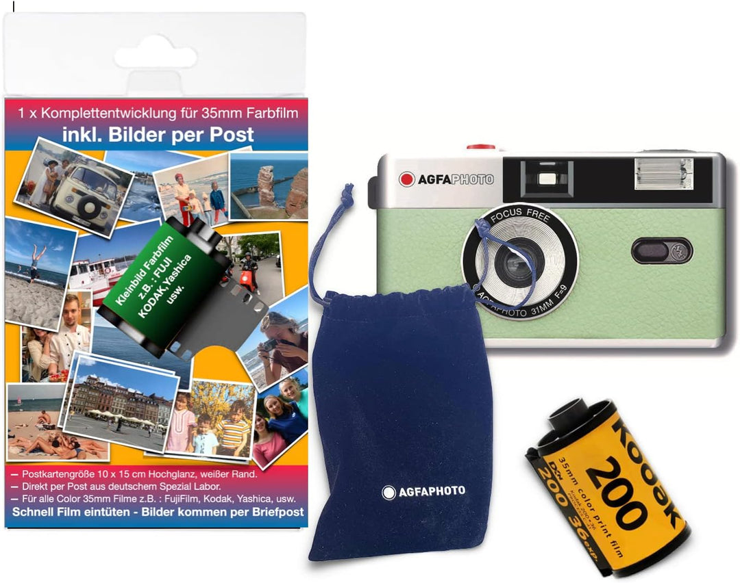 AgfaPhoto analoge 35mm Foto Kamera im Komplettset: Farbbilder Film + Batterie + Entwickung für Farbf