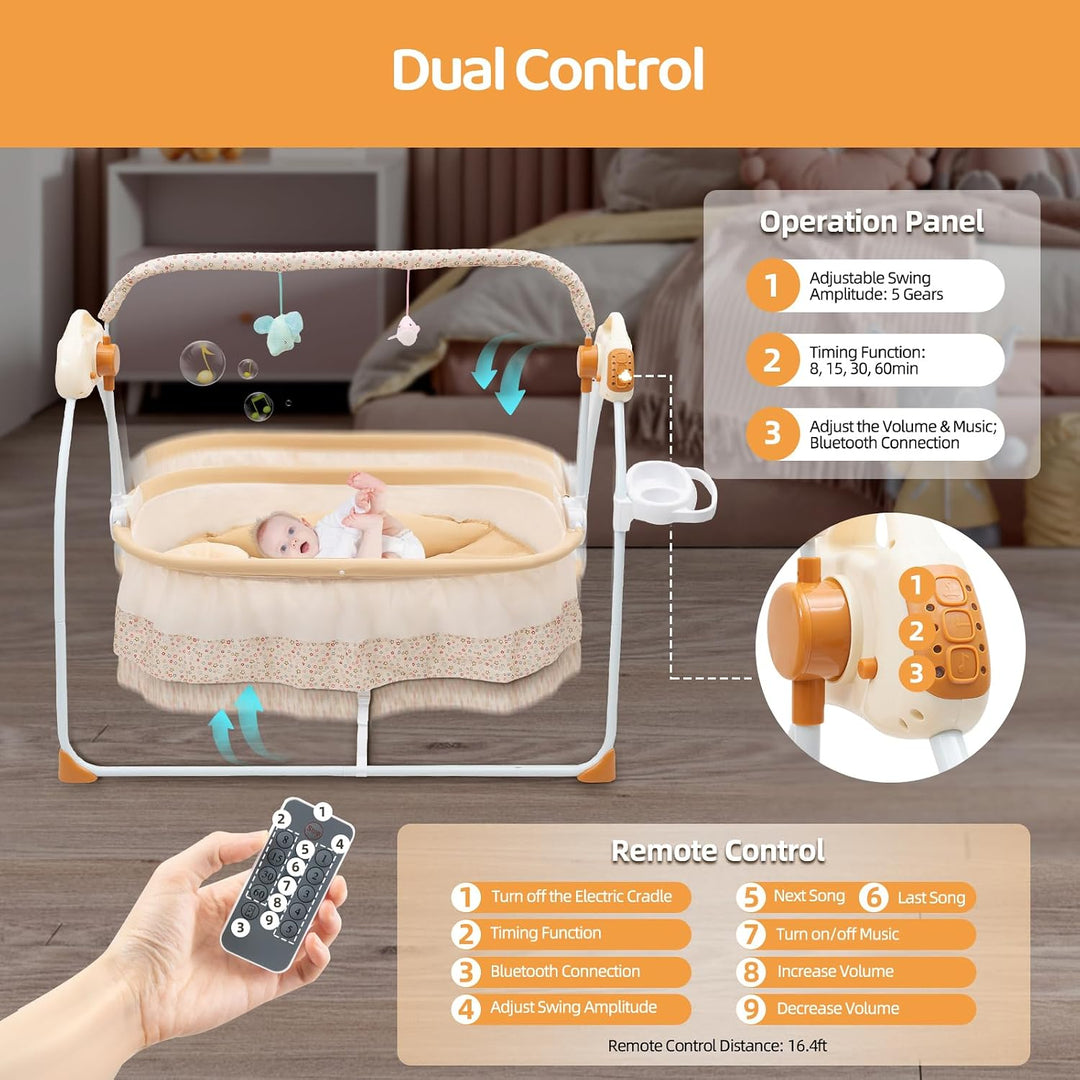 Babywiege elektrisch mit Bluetooth &amp; 12 Liedern, Babyschaukel 5 Geschwindigkeiten &amp; Timer 8-60 Min –