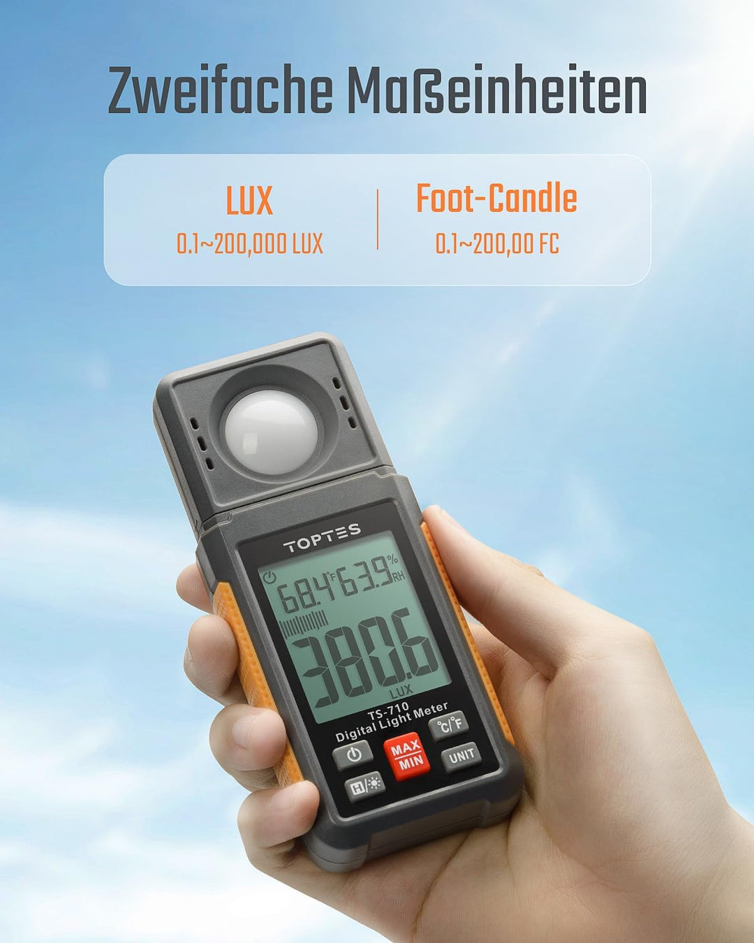 TopTes TS-710 Luxmeter mit 180º drehbarem Sensor, 0-200.000 Lux Lichtmessgerät mit Grosses Backlit L
