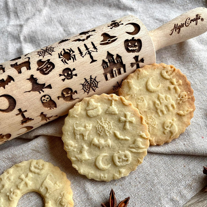 HALLOWEEN- GESELLSCHAFT Teigroller. Nudelholz mit Schädel Eule Kreuz Kürbis Spinne Fledermaus Hexe G