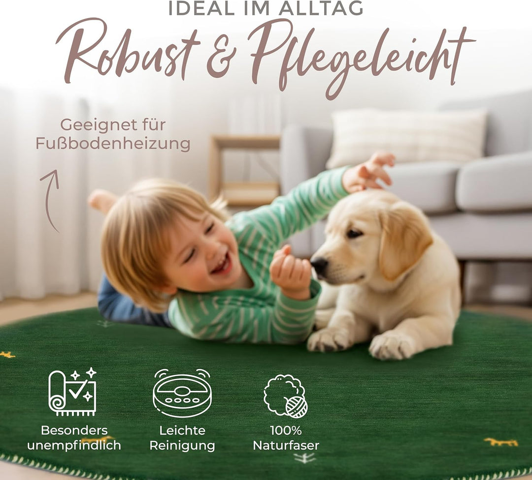 carpetfine Wollteppich Gabbeh Uni Rund Grün Ø 80 | Moderner Teppich für Wohn- und Schlafzimmer Ø 80