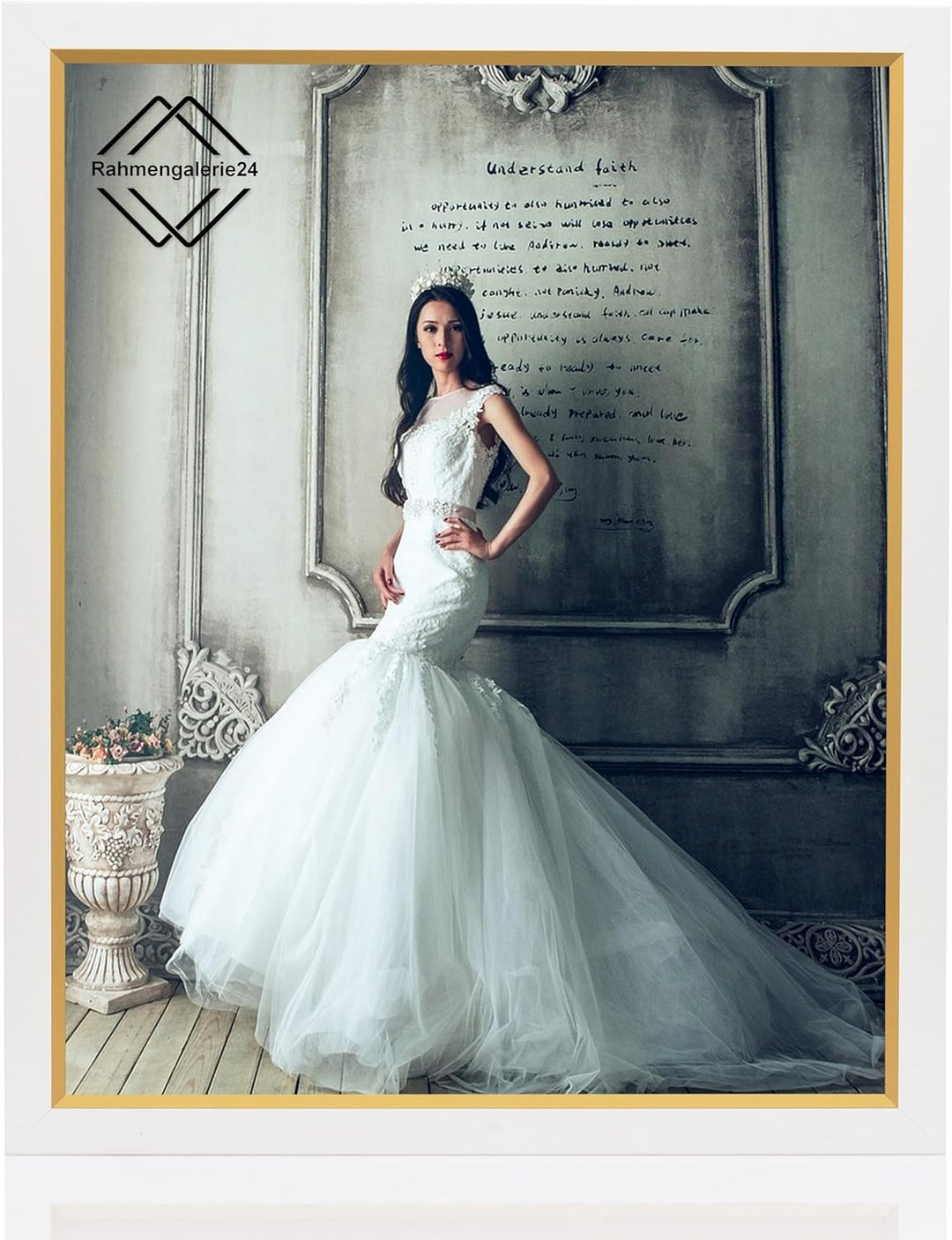 rahmengalerie24 Bilderrahmen 34x96 cm New New Elegance Rahmen weiss Gold Holz Acrylglas ohne Passepa