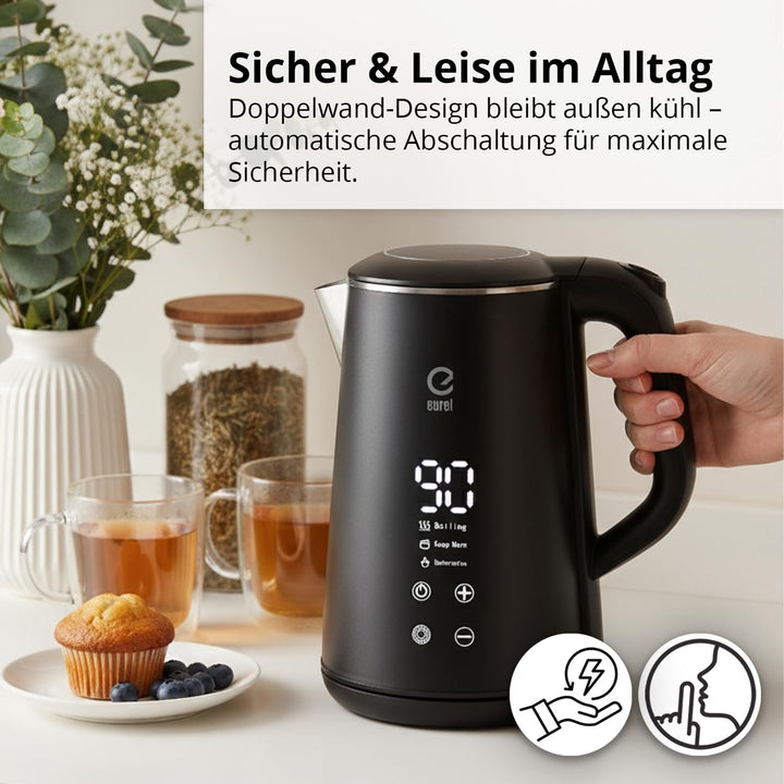 EUREL GV74 Wasserkocher, 1,6L Edelstahl, Schwarz | Temperatureinstellung, LED-Touch-Display, Tempera