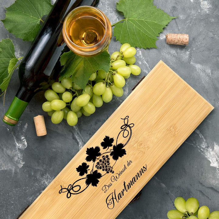 Maverton Weinbox für 0,7L Weinflasche - Wein Holzbox personalisiert + 4er Weinzubehör - Weinset Wein