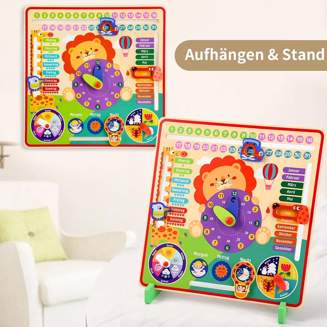 Atoylink Lernuhr Kinder Holz Lerntafel Uhr Jahreszeiten Kalenderuhr Deutsche Sprache Holzspielzeug L