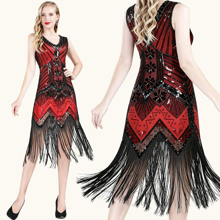ELECLAND 1920er V-Ausschnitt Pailletten Perlen Fransenkleid mit 20er Accessoires Set S Red (Style 2)