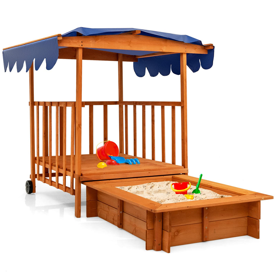 COSTWAY Sandkasten Holz, Spielveranda mit Sandbox, Abdeckung, Dach, Hinterräder, Geländer, rollbarer