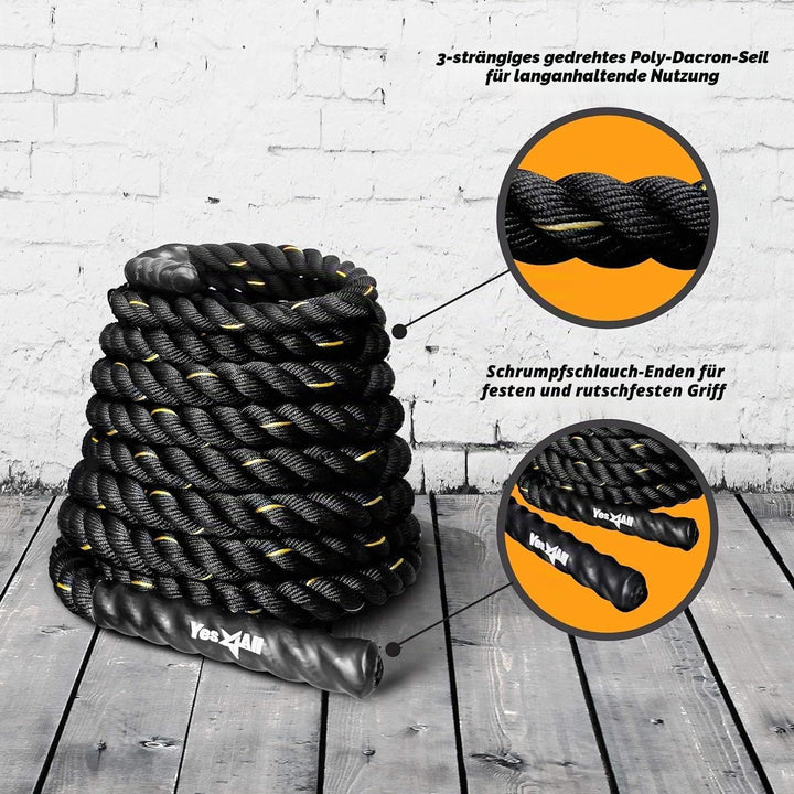 Yes4All Battle Rope 9m/12m/15m Länge - 38mm/50mm Durchmesser, Trainingsseil, Übungsseil mit Schutzhü