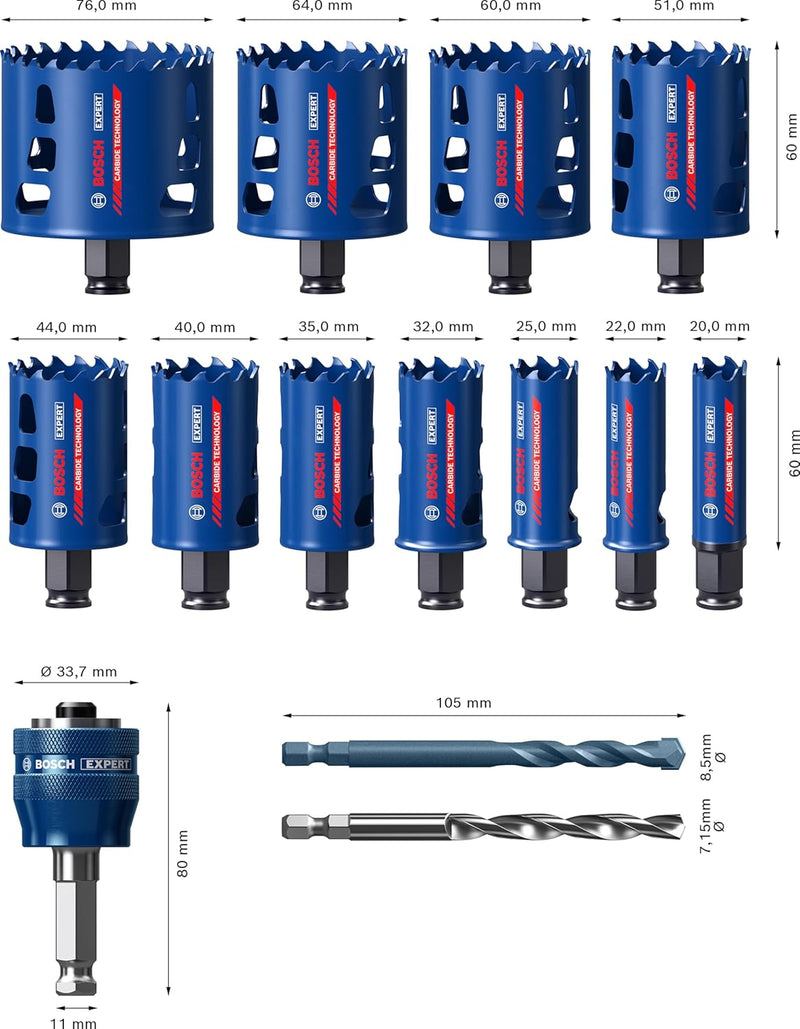 Bosch Accessories 14 tlg. Expert Tough Material Lochsäge Set (für Holz mit Metall, 20-76 mm, Zubehör