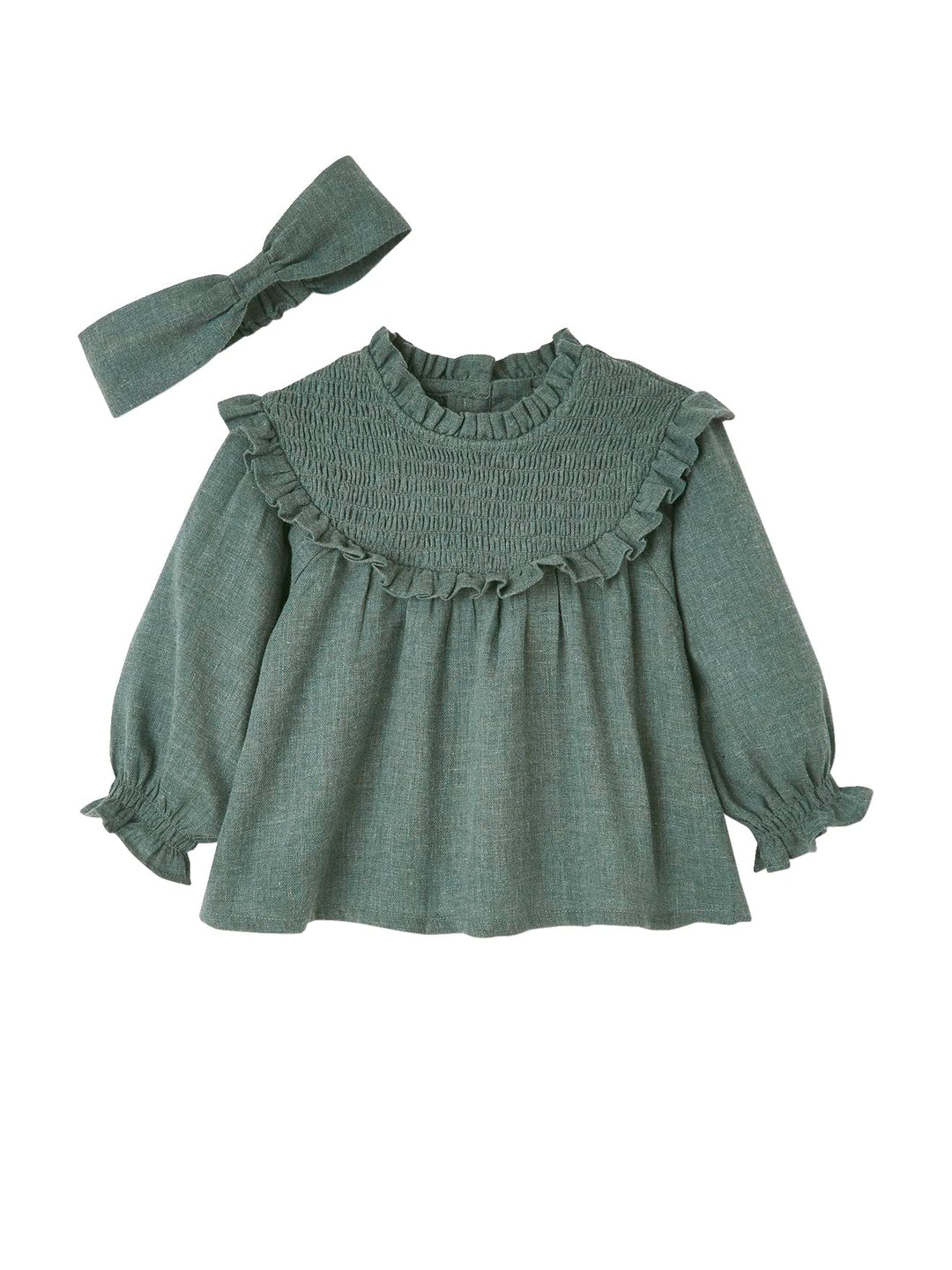 Vertbaudet Mädchen Baby-Set: Bluse gesmokt & Haarband 62 Grün, 62 Grün