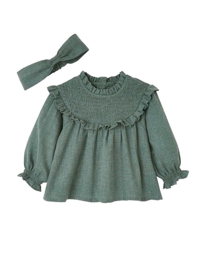 Vertbaudet Mädchen Baby-Set: Bluse gesmokt & Haarband 62 Grün, 62 Grün