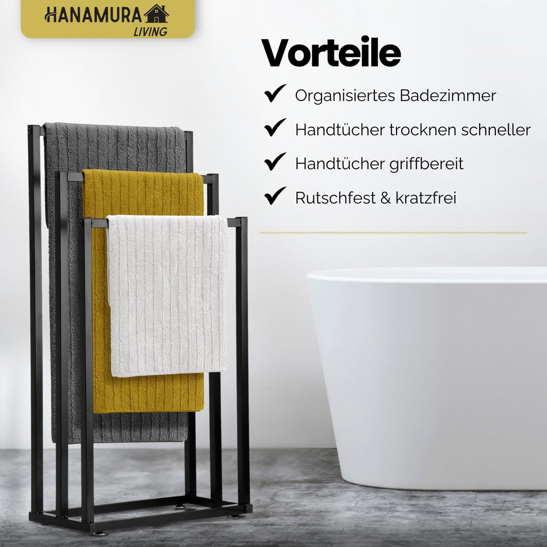Hanamura Handtuchhalter Stehend – Schwarzer Handtuchständer mit 3 Stangen – Rutschfest & Kratzfrei –