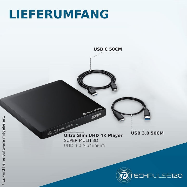 techPulse120 Externes UHD 4k 3D M-Disc BDXL USB 3.0 USB-C Laufwerk Blu-ray Brenner Burner Superdrive