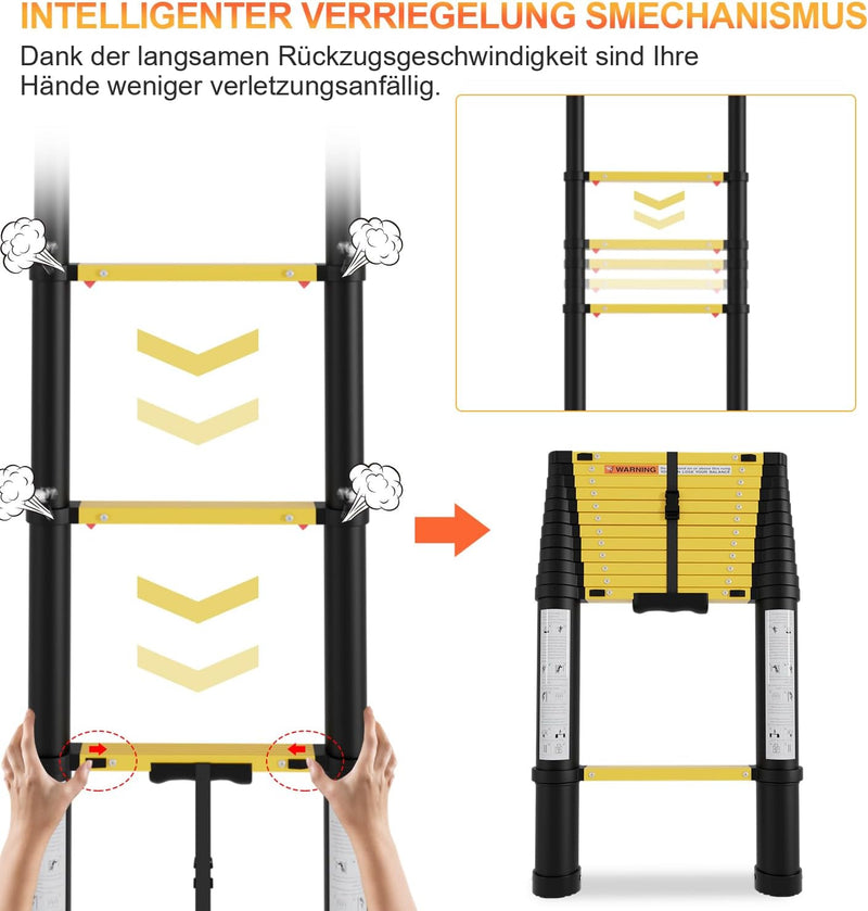 Gimisgu Aluminium Teleskopleiter, 2.6 m Teleskop Klappleiter mit Abnehmbarem Haken, Mehrzweckleiter
