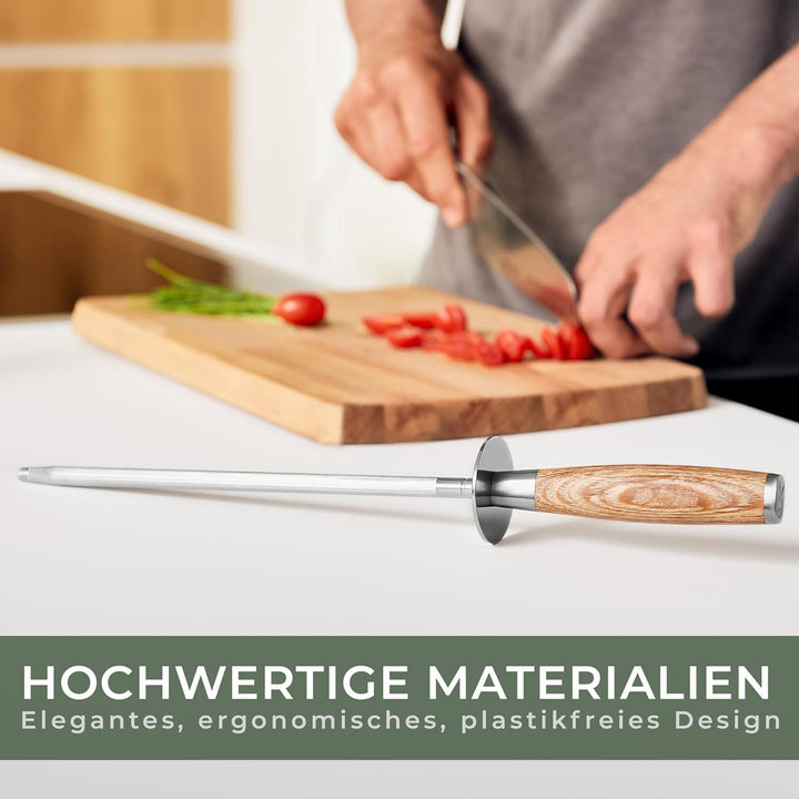 WALDWERK Premium Wetzstahl - Messerschärfer aus gehärtetem Stahl und mit edlem Holzgriff - 100% plas