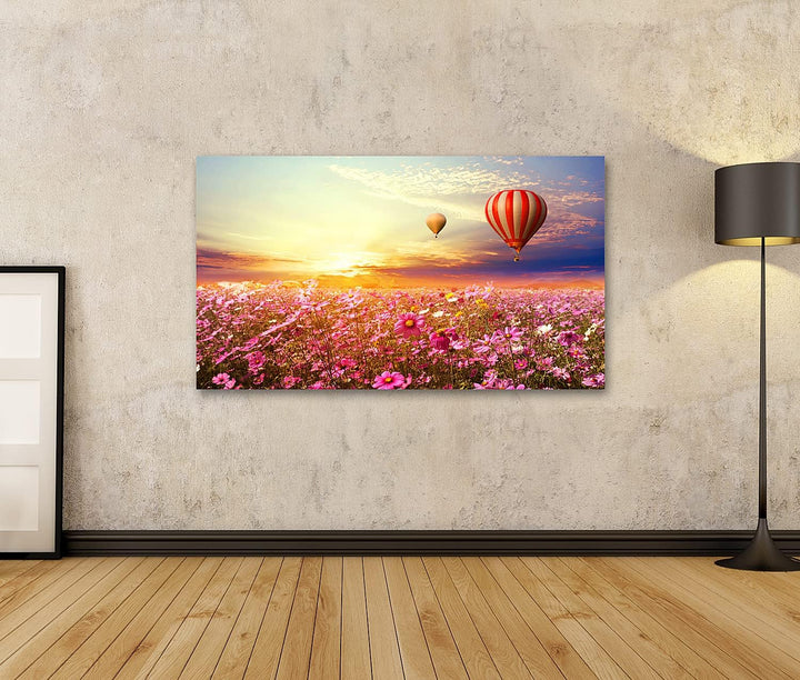 islandburner Bild auf Leinwand Landschaft Kosmosblumenfeld Und Heissluftballon Bei Sonnenuntergang V