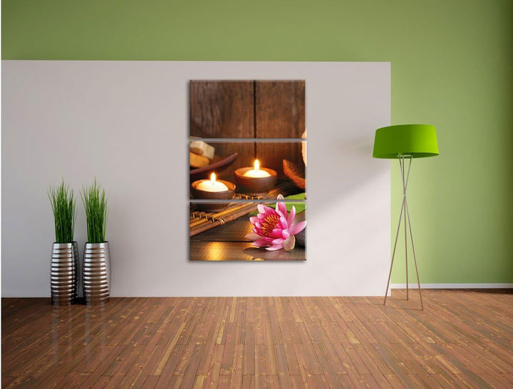 Pixxprint Kerzen mit Zen Steinen und Seerose als Leinwandbild | Grösse: 3 Teilig (120x80) | Wandbild