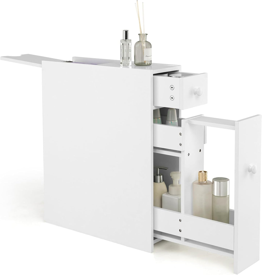 COSTWAY Nischenregal mit Schubladen, schmaler Nischenschrank aus Holz, Badschrank, Badregal, Seitens