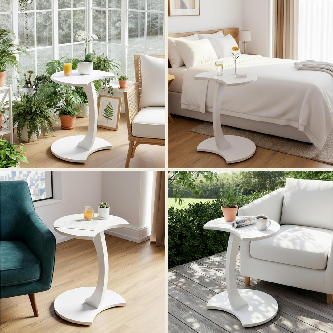 Beistelltisch C-Form Mond, Weiss, Sofatisch mit Rollen, Couchtisch Laptoptisch Couch, 56 x 45 x 35 c