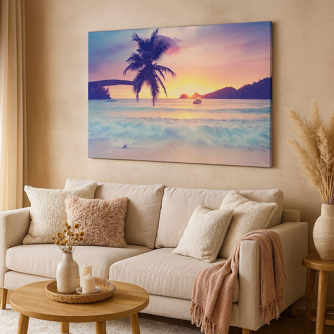 Bilder auf Leinwand 100x70cm Leinwandbild mit Rahmen Meer Strand Palme Gross Wanddeko Bild Schlafzim