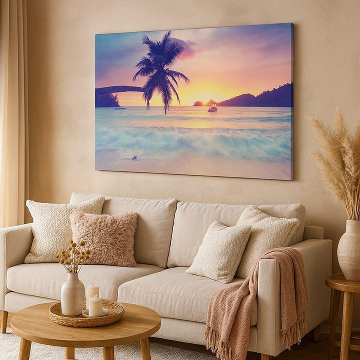 Bilder auf Leinwand 100x70cm Leinwandbild mit Rahmen Meer Strand Palme Gross Wanddeko Bild Schlafzim