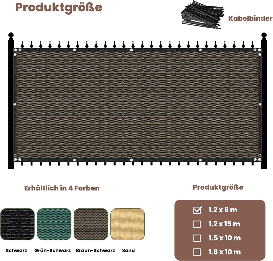 Zaunblende Sichtschutz Braun-Schwarz,1.2x6m,Sichtschutzzaun 90% HDPE-Schattennetz für den Aussenbere