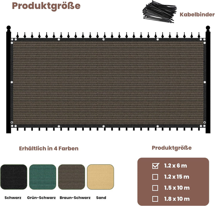 Zaunblende Sichtschutz Braun-Schwarz,1.2x6m,Sichtschutzzaun 90% HDPE-Schattennetz für den Aussenbere