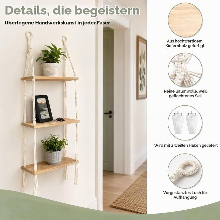 Hängeregal Holz Schweberegal Boho 3 Etagen Wandregal Makramee Regal Hängend Pflanzenregal ohne Bohre